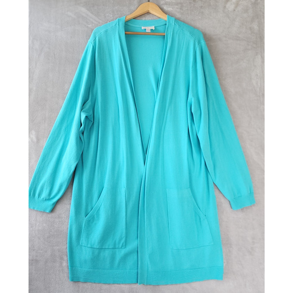 Belle Kim Gravel Cardigan Sweater Womens 2X Teal Blue Pockets Long Length Duster - Picture 1 of 6